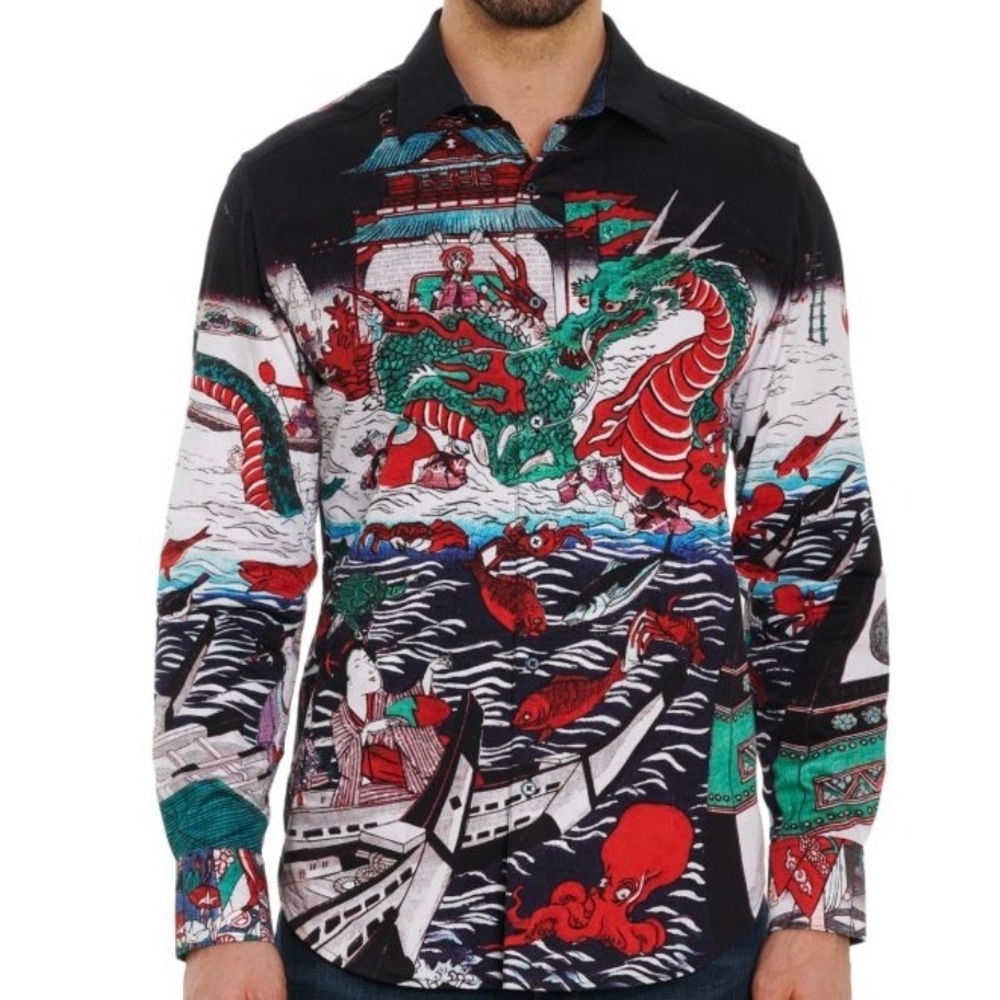 Robert Graham 4XL - Art Print Japanese - Dragon Boat Long Shirt Long Sleeves